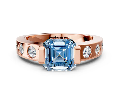 Rose gold Fancy Blue Asscher Cut Brilliant Channel-Set Diamond Ring with Bezel Prong Setting