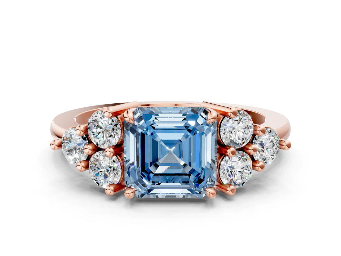 Rose gold Fancy Blue Asscher Cut Brilliant Diamond Cluster Accent Solitaire Ring with Prong Setting