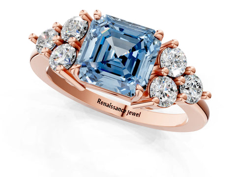 Rose gold Fancy Blue Asscher Cut Brilliant Diamond Cluster Accent Solitaire Ring with Prong Setting_1