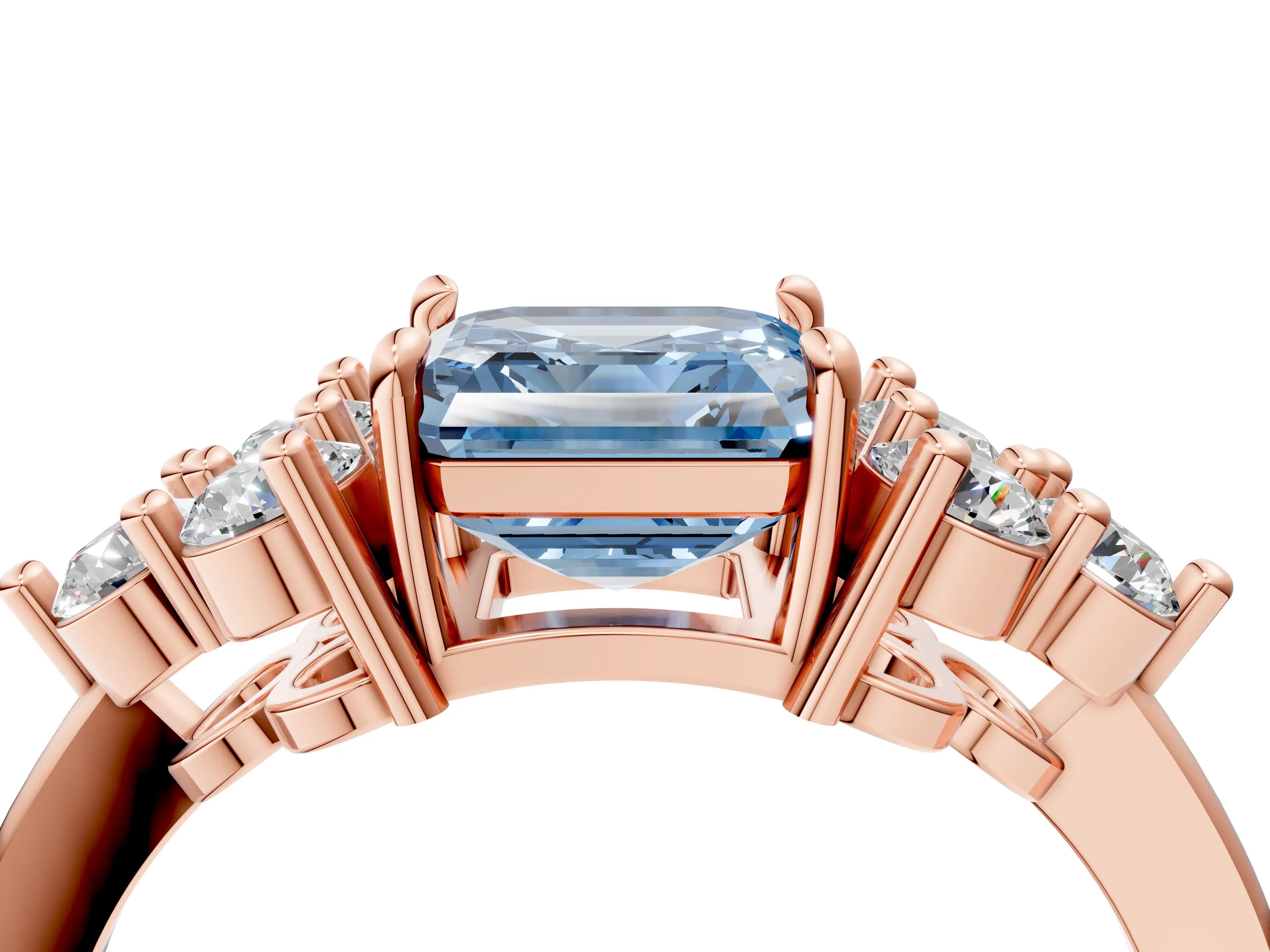 Rose gold Fancy Blue Asscher Cut Brilliant Diamond Cluster Accent Solitaire Ring with Prong Setting_4