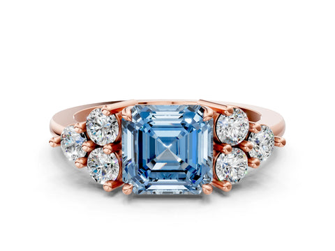 Rose gold Fancy Blue Asscher Cut Brilliant Diamond Cluster Accent Solitaire Ring with Prong Setting