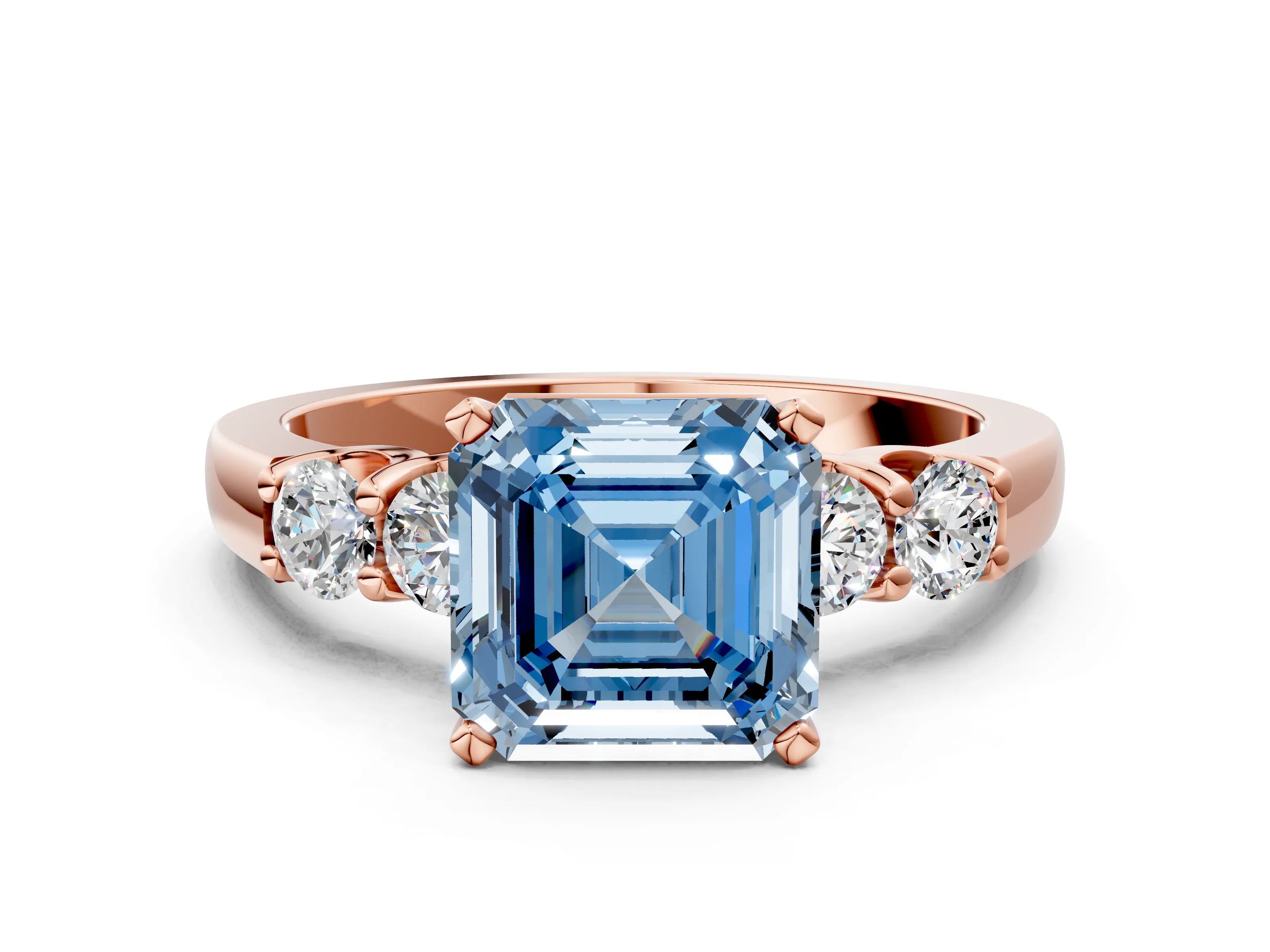 Rose gold Fancy Blue Asscher Cut Brilliant Diamond Five-Stone Engagement Ring with Prong Setting on a Classic Band_3