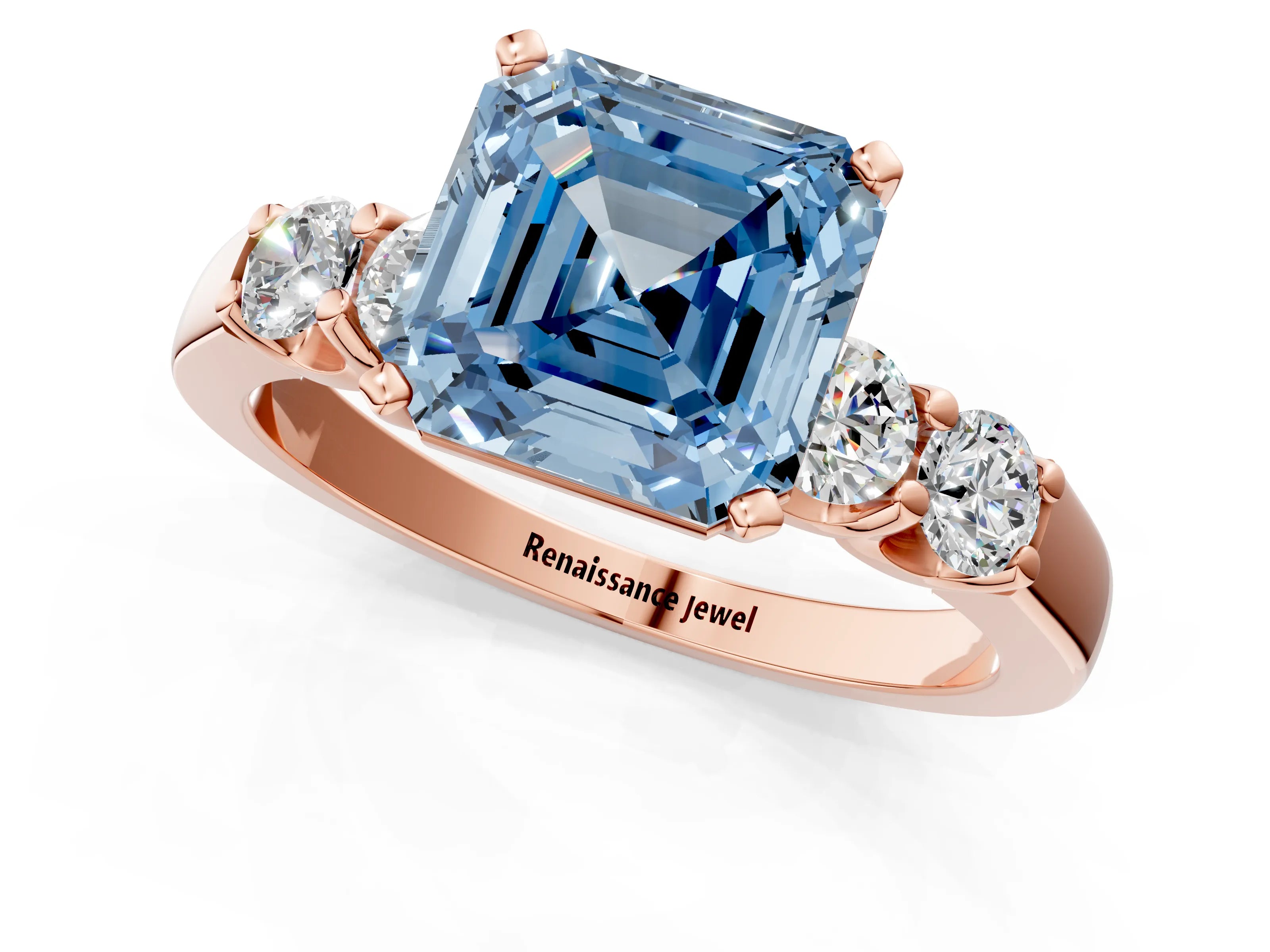 Rose gold Fancy Blue Asscher Cut Brilliant Diamond Five-Stone Engagement Ring with Prong Setting on a Classic Band_4