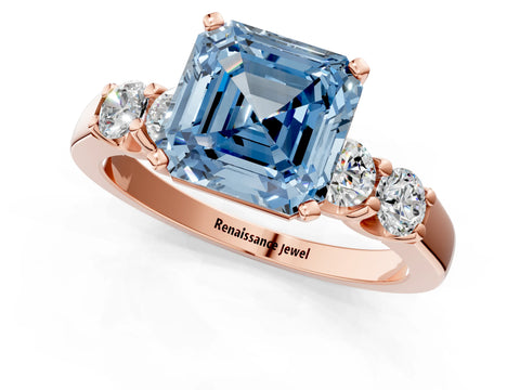 Rose gold Fancy Blue Asscher Cut Brilliant Diamond Five-Stone Engagement Ring with Prong Setting on a Classic Band_4
