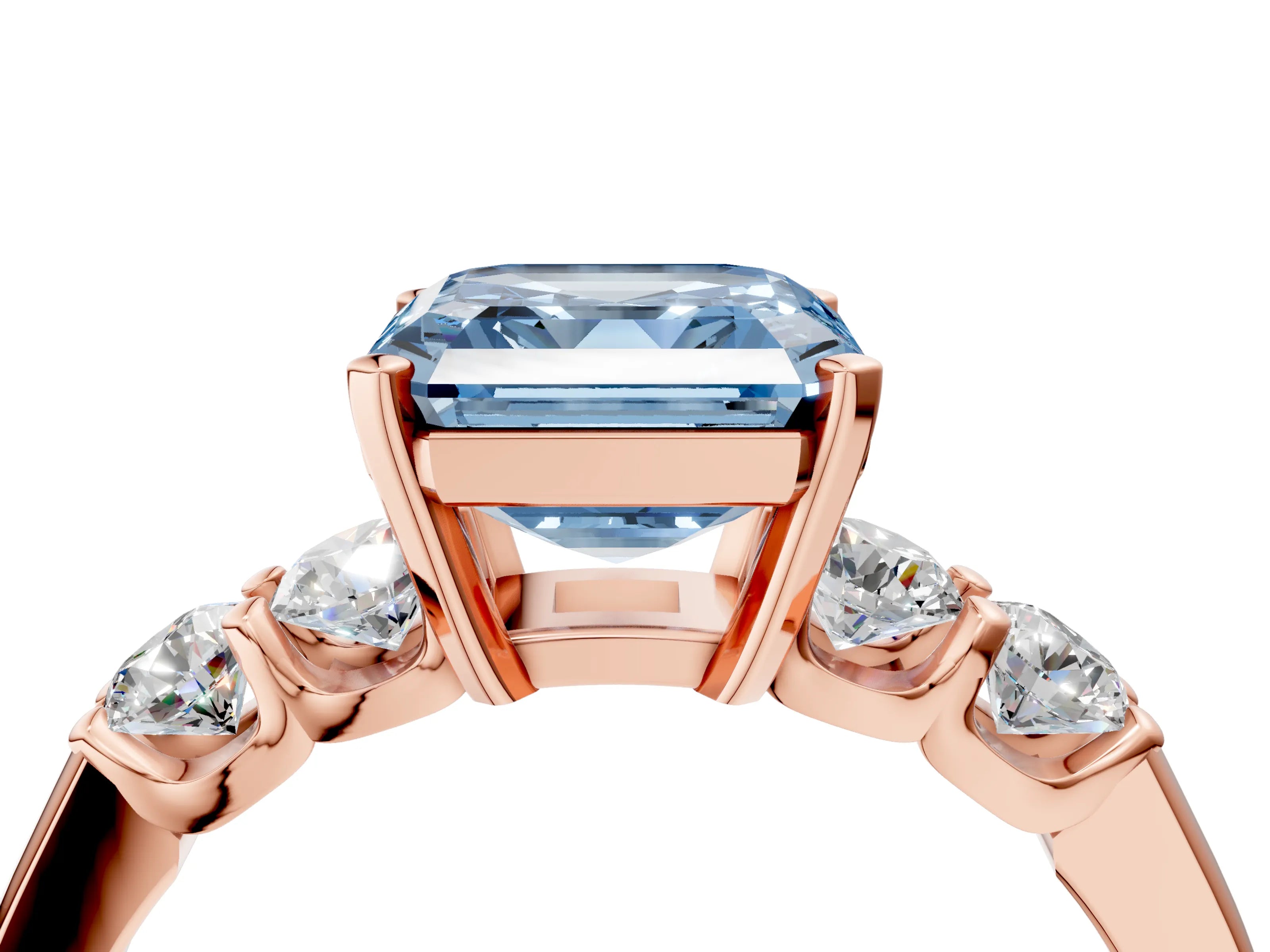 Rose gold Fancy Blue Asscher Cut Brilliant Diamond Five-Stone Engagement Ring with Prong Setting on a Classic Band_7