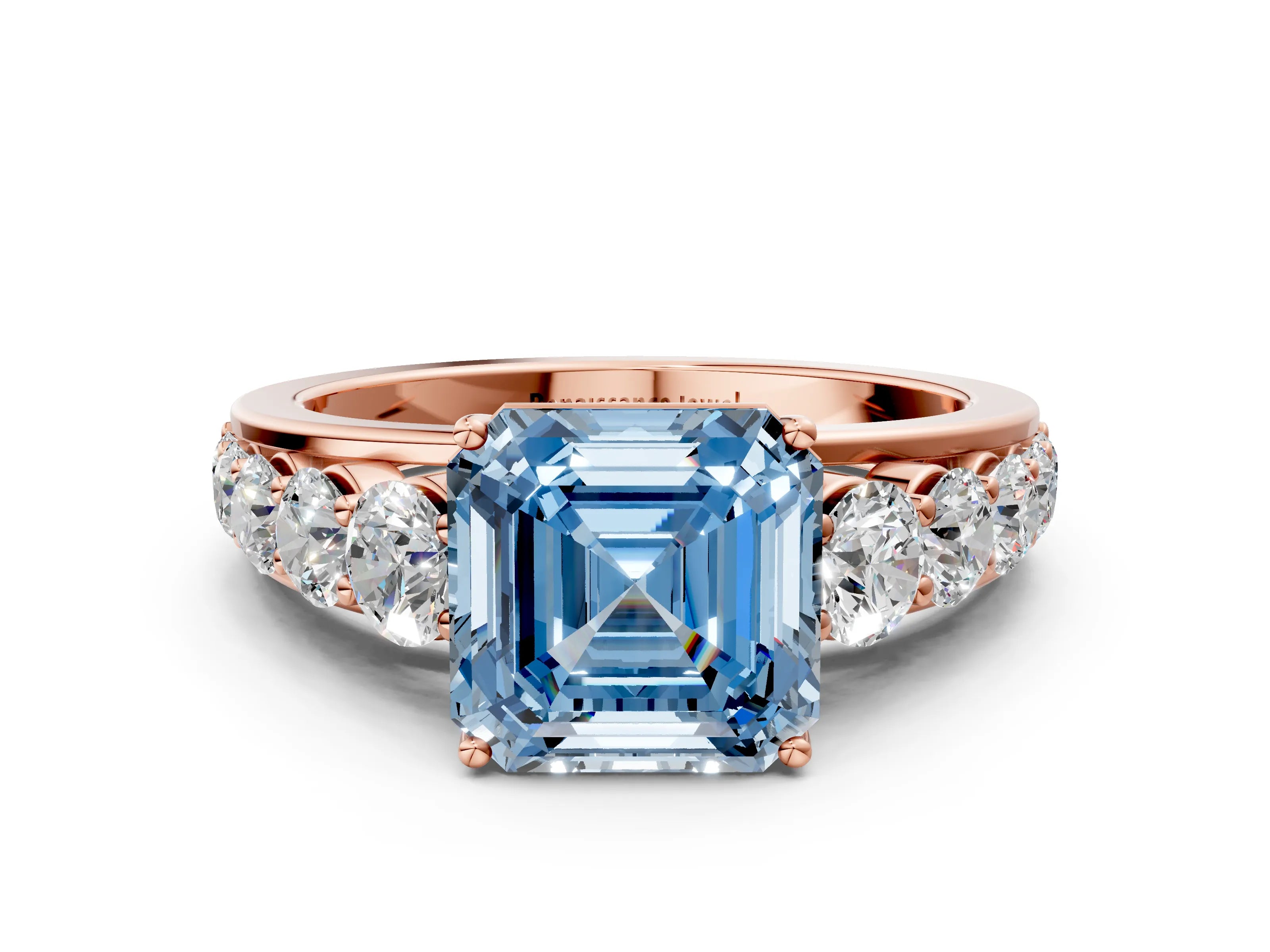 Rose gold Fancy Blue Asscher Cut Brilliant Diamond Pavé Band with Six-Prong Setting