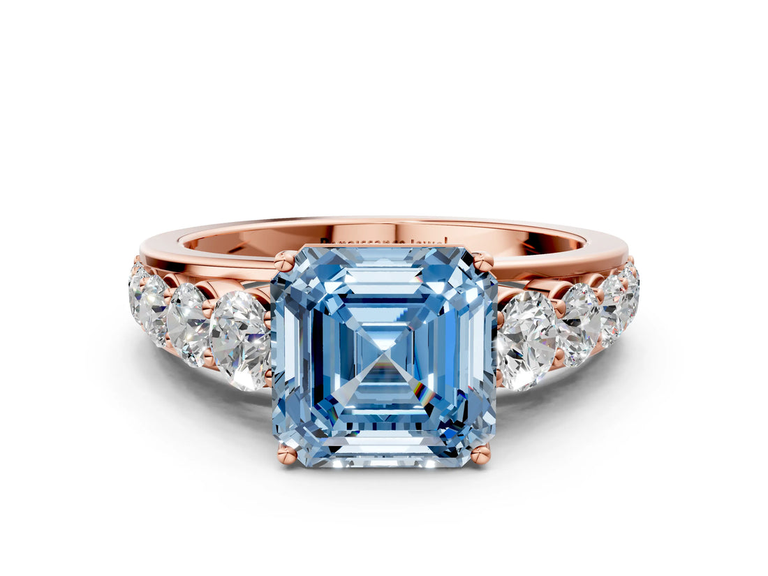 Rose gold Fancy Blue Asscher Cut Brilliant Diamond Pavé Band with Six-Prong Setting
