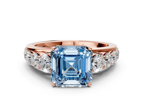 Rose gold Fancy Blue Asscher Cut Brilliant Diamond Pavé Band with Six-Prong Setting