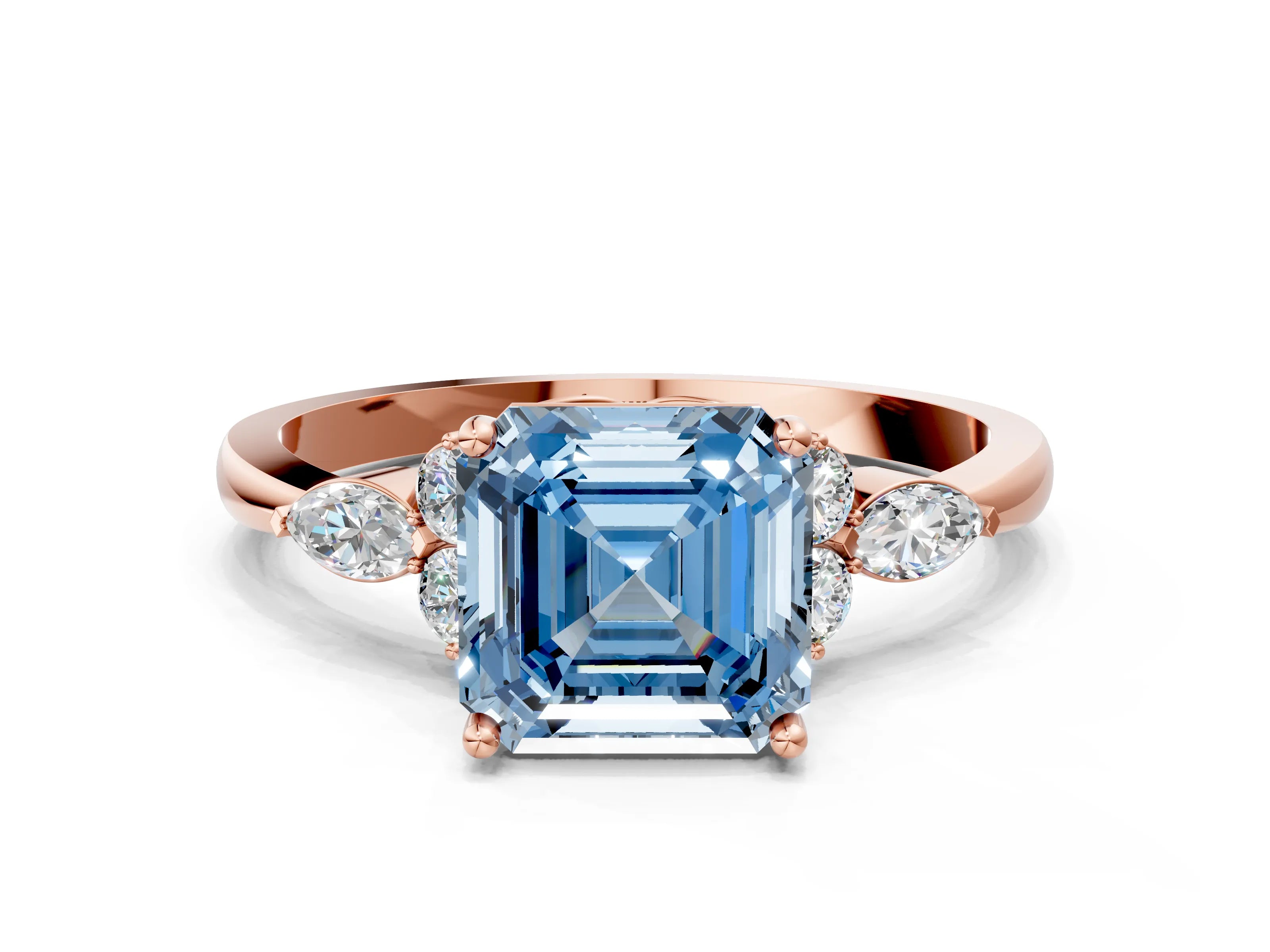 Rose gold Fancy Blue Asscher Cut Brilliant Diamond Solitaire Ring with Pear Side Stones and Four-Prong Setting_3