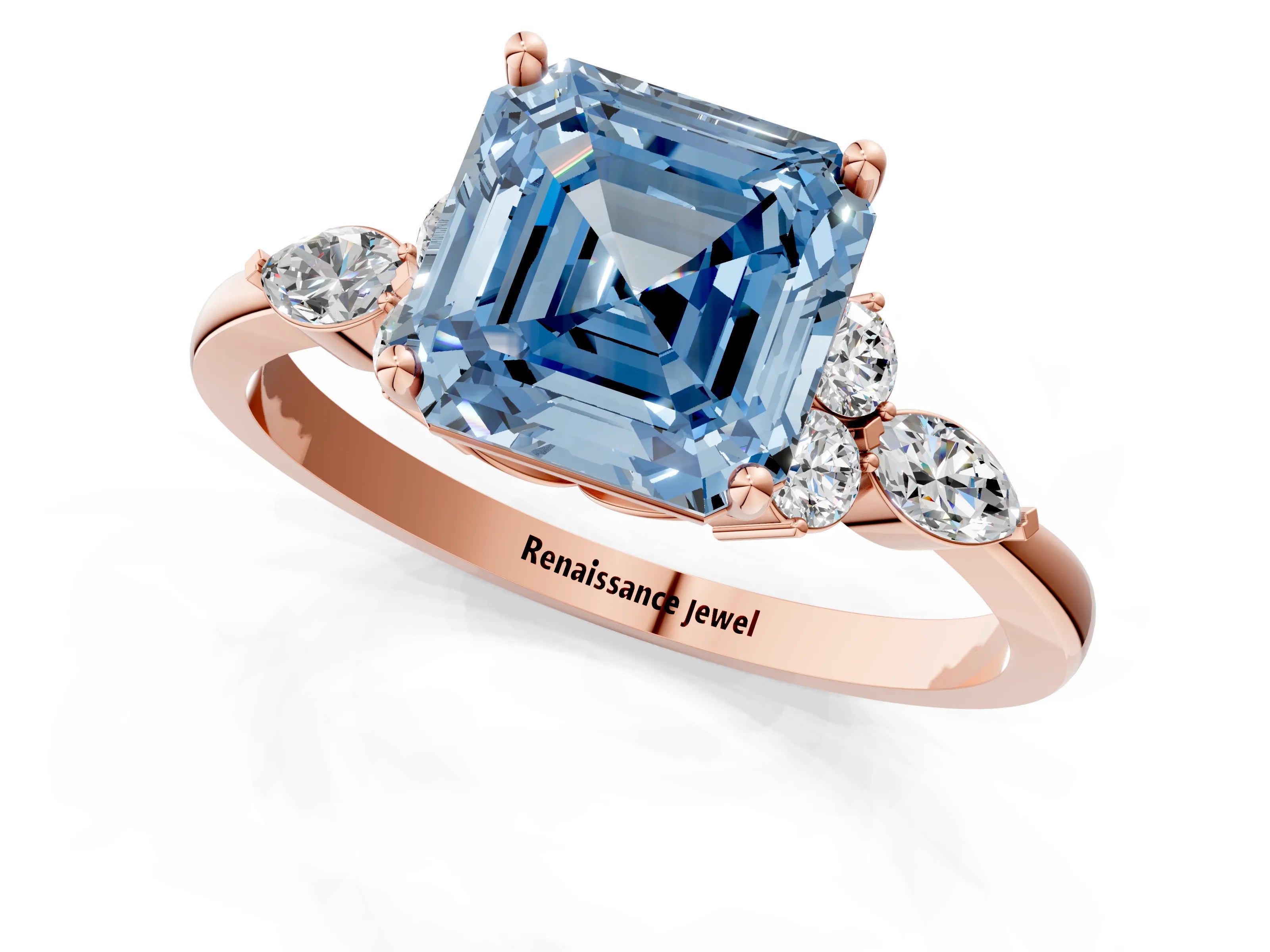 Rose gold Fancy Blue Asscher Cut Brilliant Diamond Solitaire Ring with Pear Side Stones and Four-Prong Setting_4