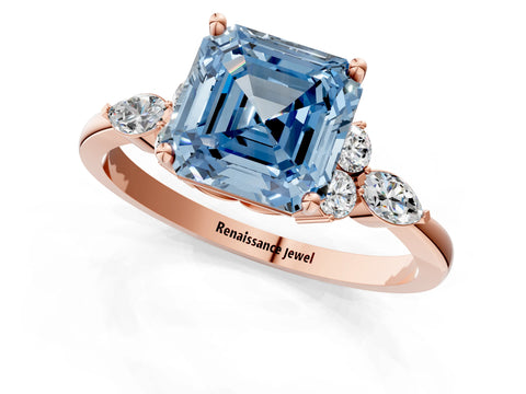 Rose gold Fancy Blue Asscher Cut Brilliant Diamond Solitaire Ring with Pear Side Stones and Four-Prong Setting_4