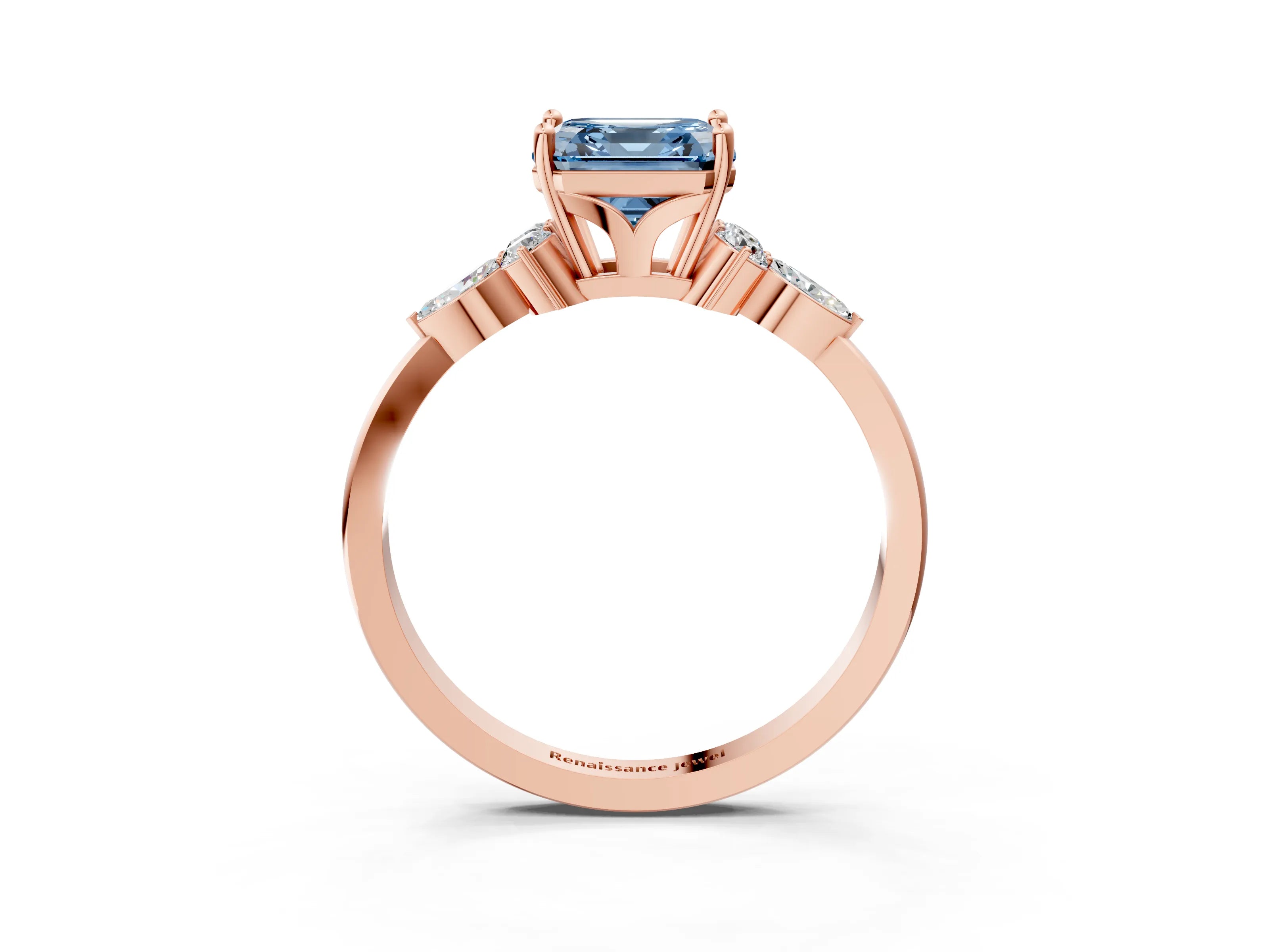 Rose gold Fancy Blue Asscher Cut Brilliant Diamond Solitaire Ring with Pear Side Stones and Four-Prong Setting_6