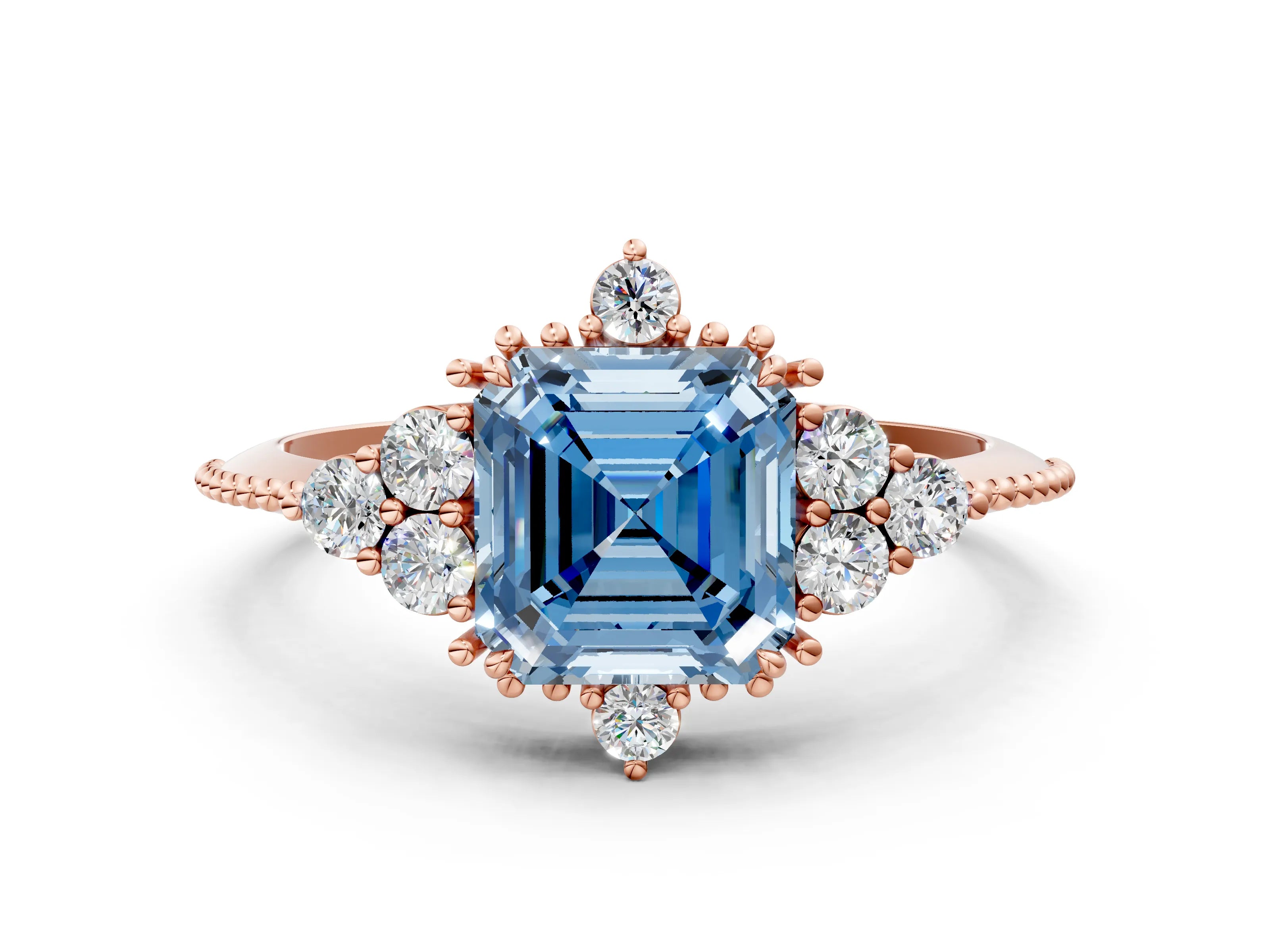 Rose gold Fancy Blue Asscher Cut Brilliant Diamond with Cluster Setting on a Beaded Band and Four-Prong Setting