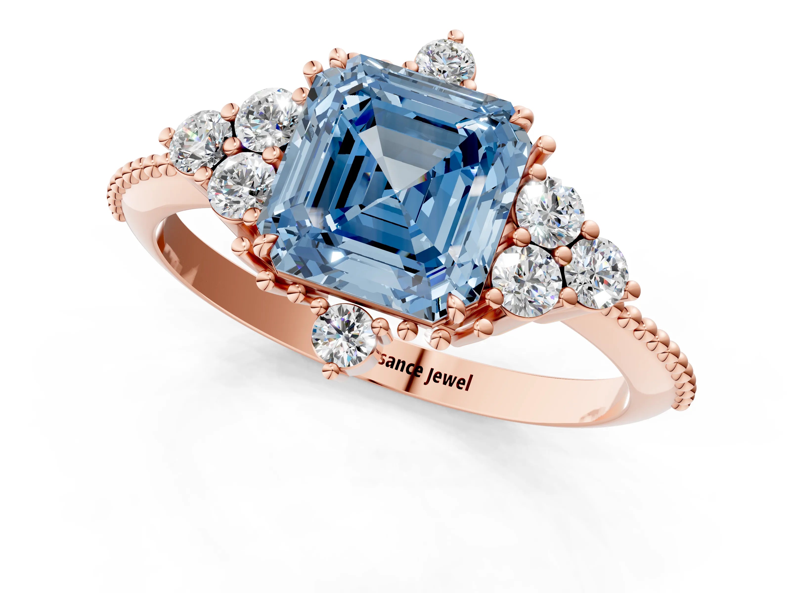 Rose gold Fancy Blue Asscher Cut Brilliant Diamond with Cluster Setting on a Beaded Band and Four-Prong Setting_1