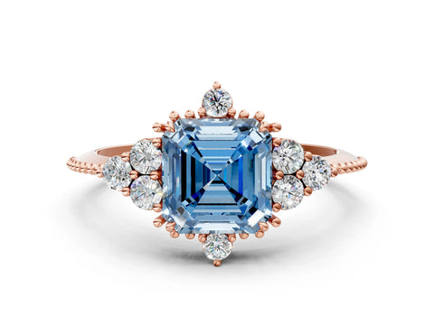 Rose gold Fancy Blue Asscher Cut Brilliant Diamond with Cluster Setting on a Beaded Band and Four-Prong Setting