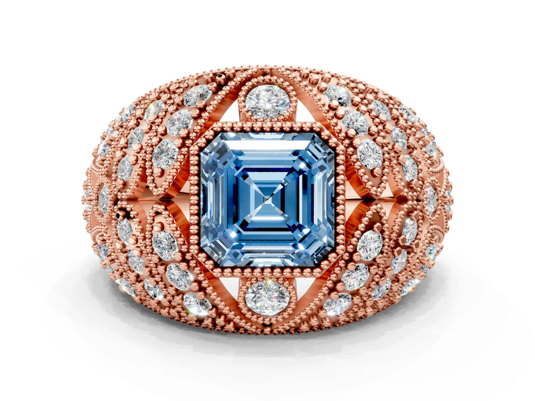Rose gold Fancy Blue Asscher Cut Brilliant Halo Pave Diamond Milgrain Ring
