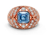 Rose gold Fancy Blue Asscher Cut Brilliant Halo Pave Diamond Milgrain Ring