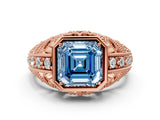 Rose gold Fancy Blue Asscher Cut Brilliant Milgrain Filigree Diamond Ring with Square Prong Setting