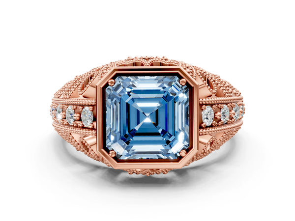 Rose gold Fancy Blue Asscher Cut Brilliant Milgrain Filigree Diamond Ring with Square Prong Setting