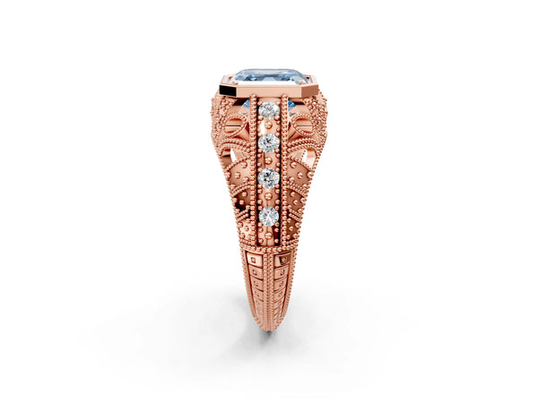 Rose gold Fancy Blue Asscher Cut Brilliant Milgrain Filigree Diamond Ring with Square Prong Setting