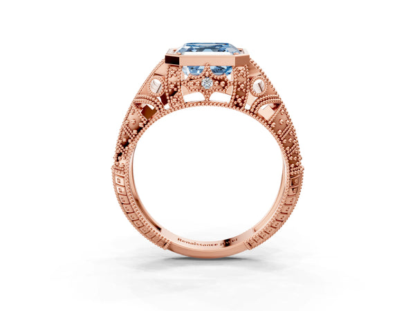 Rose gold Fancy Blue Asscher Cut Brilliant Milgrain Filigree Diamond Ring with Square Prong Setting