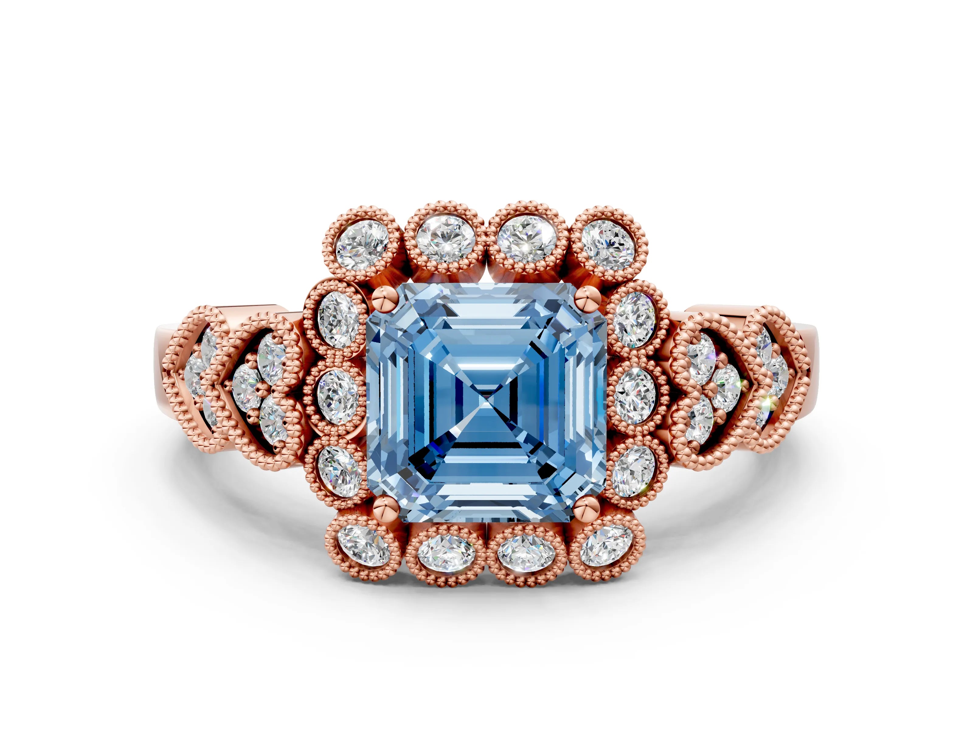 Rose gold Fancy Blue Asscher Cut Brilliant Milgrain Pave Heart Band Solitaire Ring