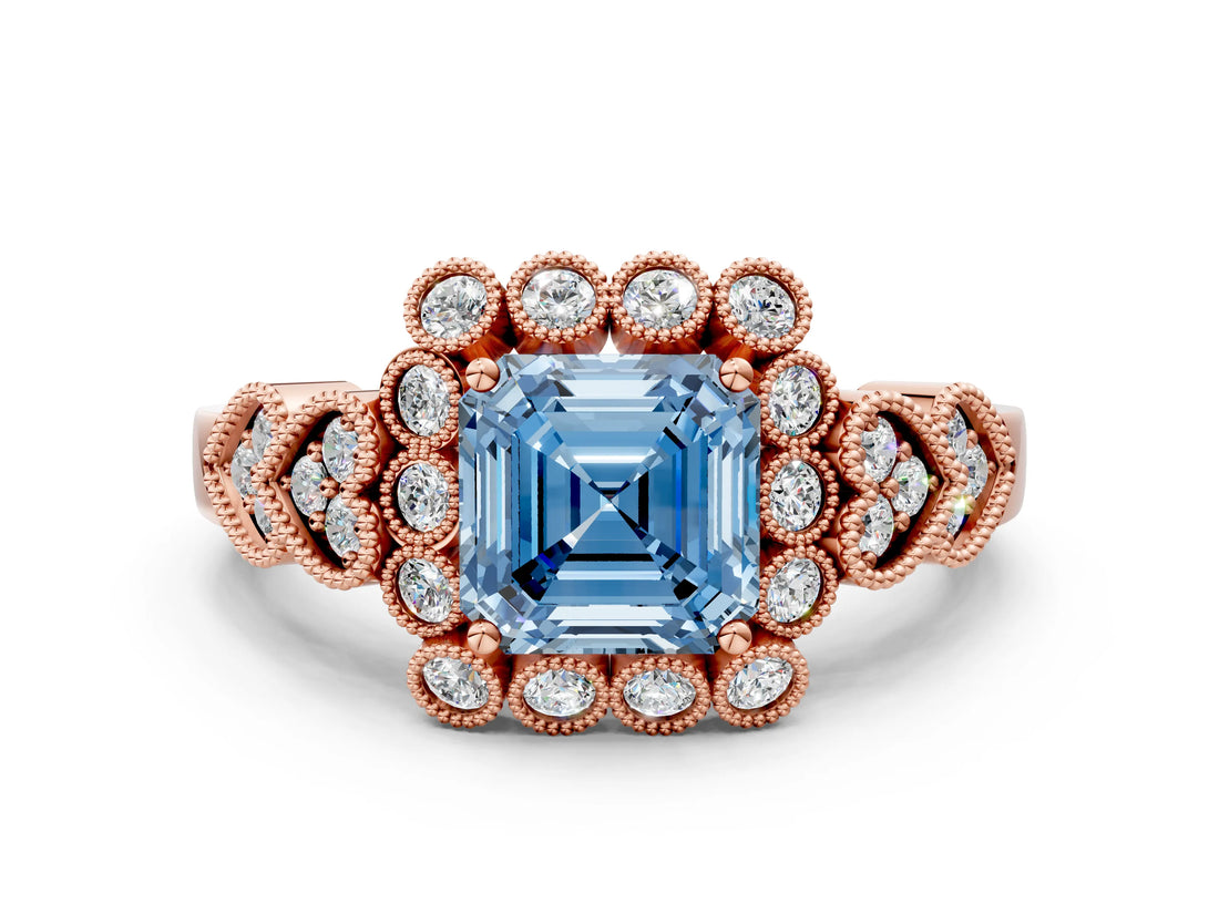 Rose gold Fancy Blue Asscher Cut Brilliant Milgrain Pave Heart Band Solitaire Ring