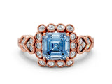 Rose gold Fancy Blue Asscher Cut Brilliant Milgrain Pave Heart Band Solitaire Ring