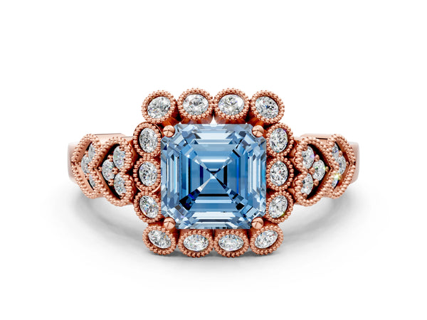 Rose gold Fancy Blue Asscher Cut Brilliant Milgrain Pave Heart Band Solitaire Ring