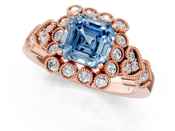 Rose gold Fancy Blue Asscher Cut Brilliant Milgrain Pave Heart Band Solitaire Ring