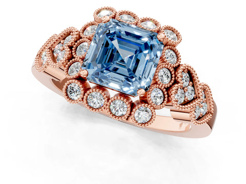 Rose gold Fancy Blue Asscher Cut Brilliant Milgrain Pave Heart Band Solitaire Ring_1