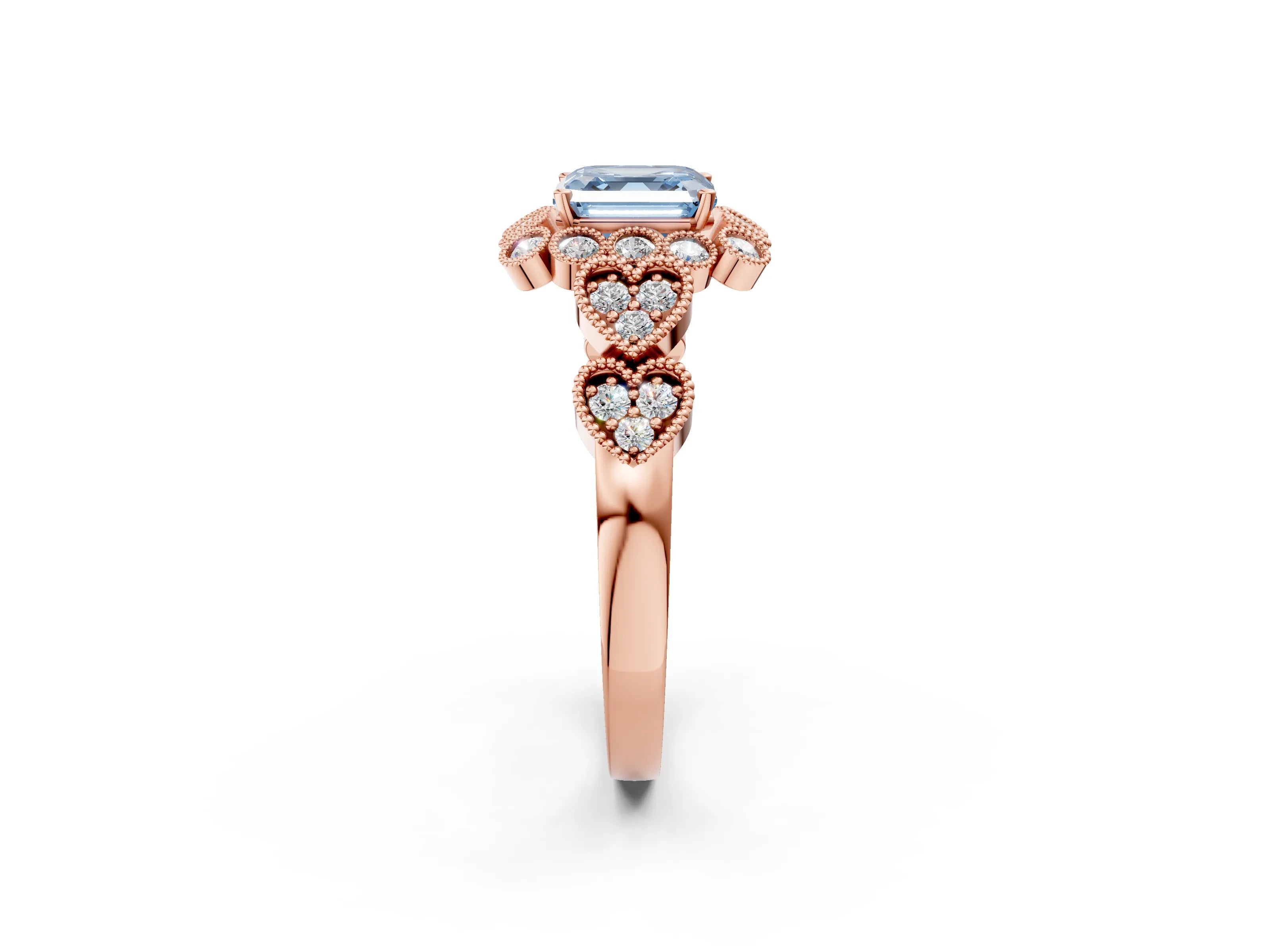 Rose gold Fancy Blue Asscher Cut Brilliant Milgrain Pave Heart Band Solitaire Ring_2