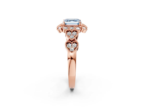 Rose gold Fancy Blue Asscher Cut Brilliant Milgrain Pave Heart Band Solitaire Ring