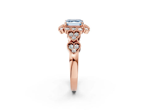 Rose gold Fancy Blue Asscher Cut Brilliant Milgrain Pave Heart Band Solitaire Ring_2