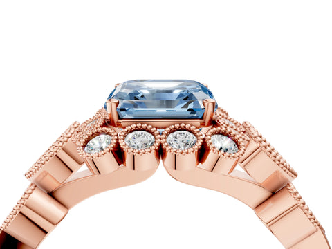 Rose gold Fancy Blue Asscher Cut Brilliant Milgrain Pave Heart Band Solitaire Ring_4