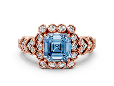 Rose gold Fancy Blue Asscher Cut Brilliant Milgrain Pave Heart Band Solitaire Ring