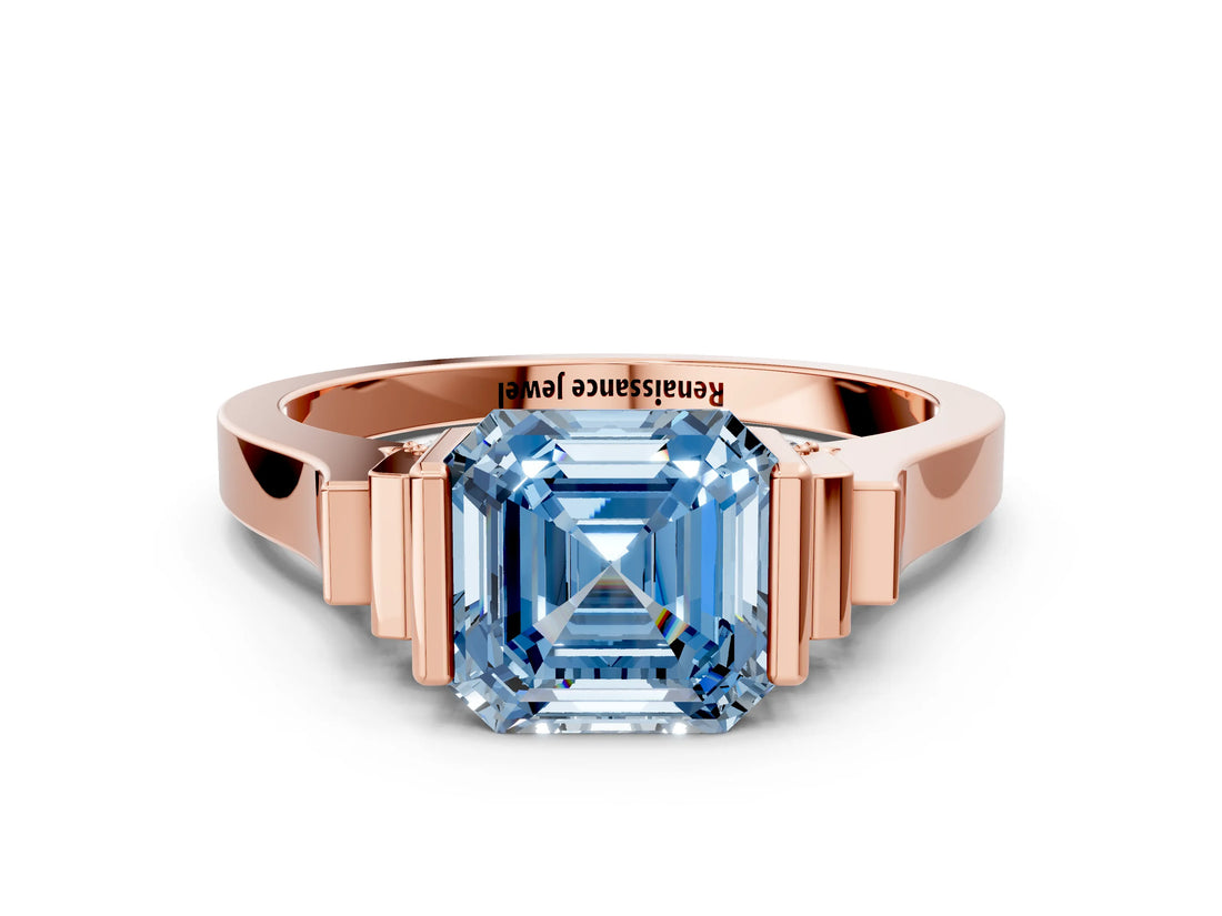 Rose gold Fancy Blue Asscher Cut Brilliant Solitaire Diamond Ring with Channel Set Band and Bar Prong Setting
