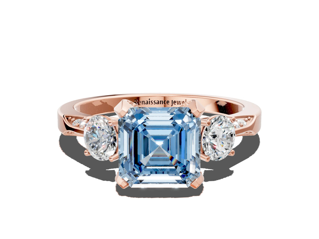 Rose gold Fancy Blue Asscher Cut Brilliant Three-Stone Diamond Ring with Pavé Band and Four-Prong Setting_3