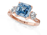 Rose gold Fancy Blue Asscher Cut Brilliant Three-Stone Diamond Ring with Pavé Band and Four-Prong Setting_4