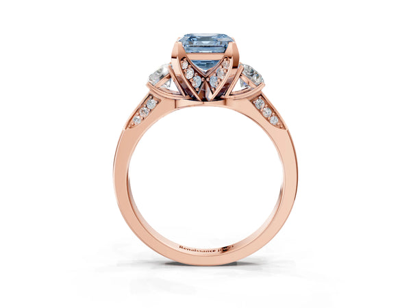 Rose Gold Asscher Cut Three Stone Hidden Halo Engagement Ring Setting for Fancy Blue Center