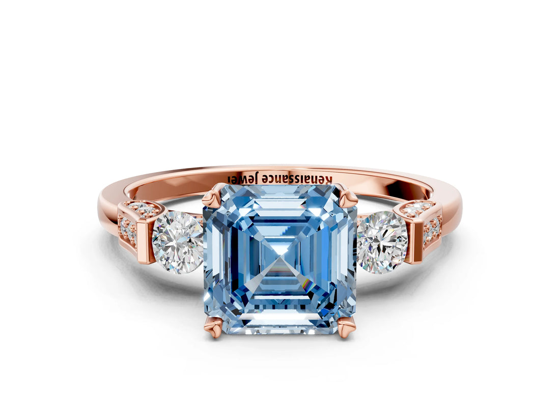 Rose gold Fancy Blue Asscher Cut Brilliant Three-Stone Pave Band with Four-Prong Setting