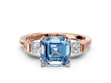 Rose gold Fancy Blue Asscher Cut Brilliant Three-Stone Pave Band with Four-Prong Setting