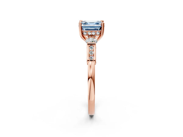 Rose gold Fancy Blue Asscher Cut Brilliant Three-Stone Pave Band with Four-Prong Setting