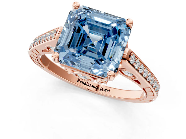 Rose Gold Asscher Cut Cathedral Engagement Ring Setting for Fancy Blue Center with Pave Shoulders