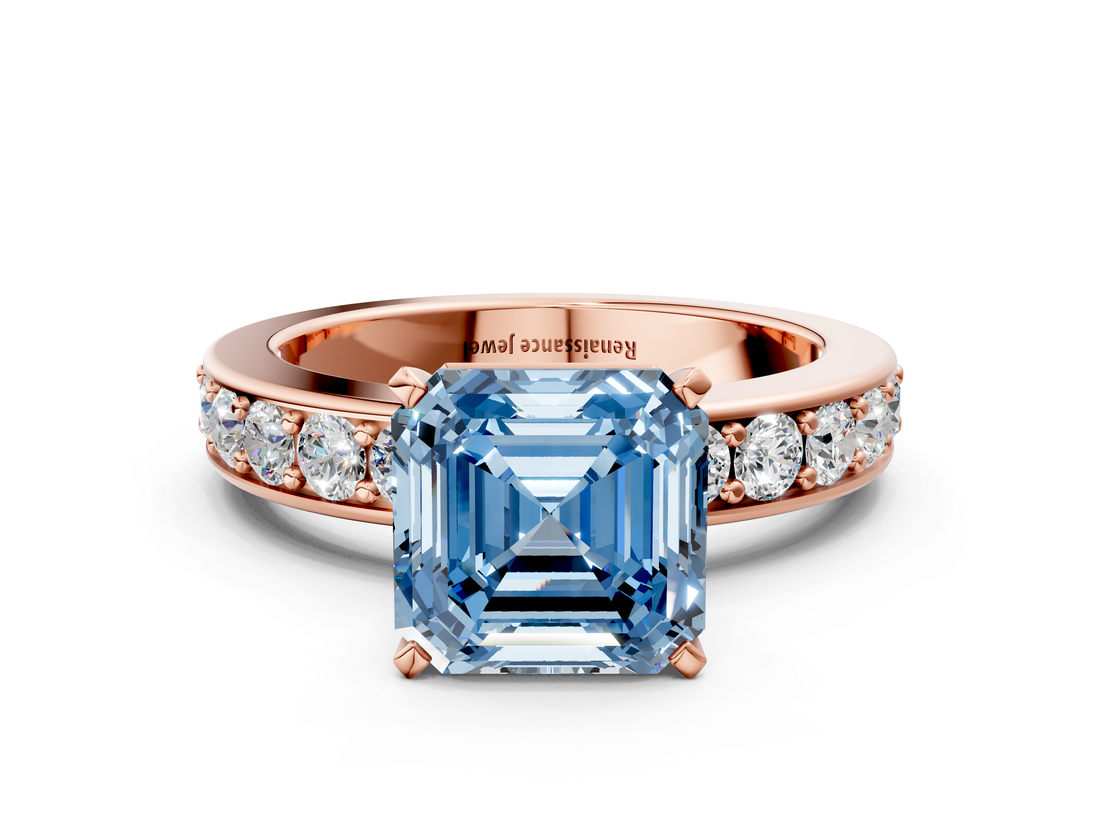 Rose gold Fancy Blue Asscher  Cut Channel Set Diamond Engagement Ring with Four-Prong Setting