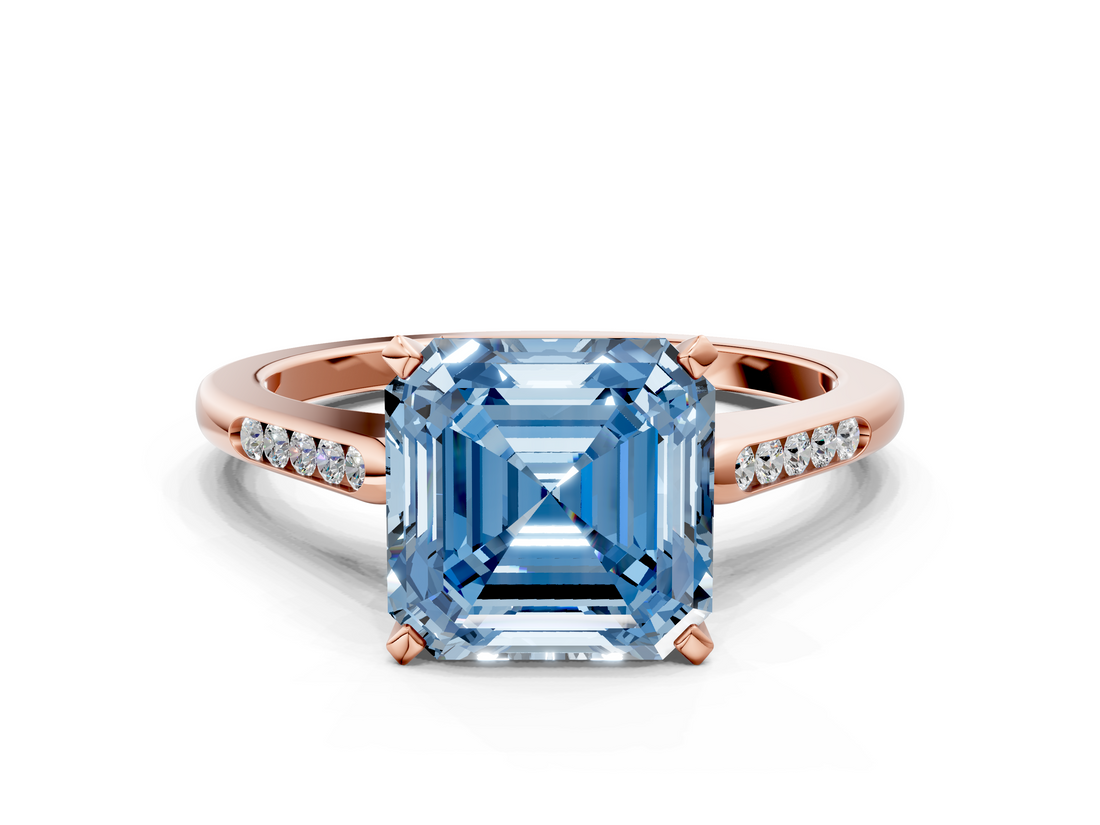 Rose gold Fancy Blue Asscher  Cut Channel Set Solitaire Engagement Ring with Four-Prong Setting