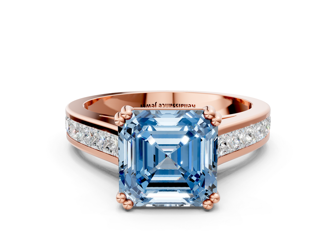 Rose gold Fancy Blue Asscher  Cut Channel Set Solitaire Engagement Ring with Prong Setting