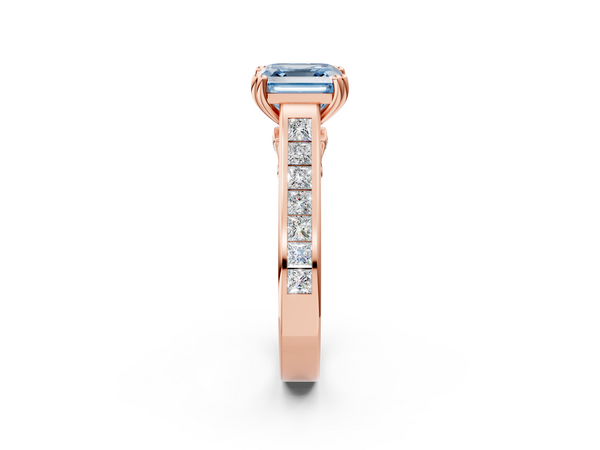 Rose Gold Asscher Cut Channel Set Solitaire Engagement Ring Setting for Fancy Blue Center with Double Claw Prongs