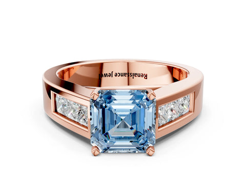 Rose gold Fancy Blue Asscher Cut Cut Channel Set Solitaire Ring with Four-Prong Setting