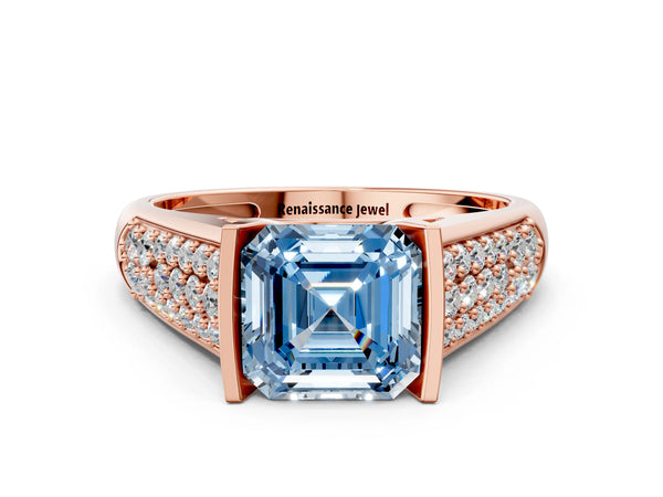 Rose gold Fancy Blue Asscher Cut Diamond Channel Set Pave Band with Tension Prong Setting